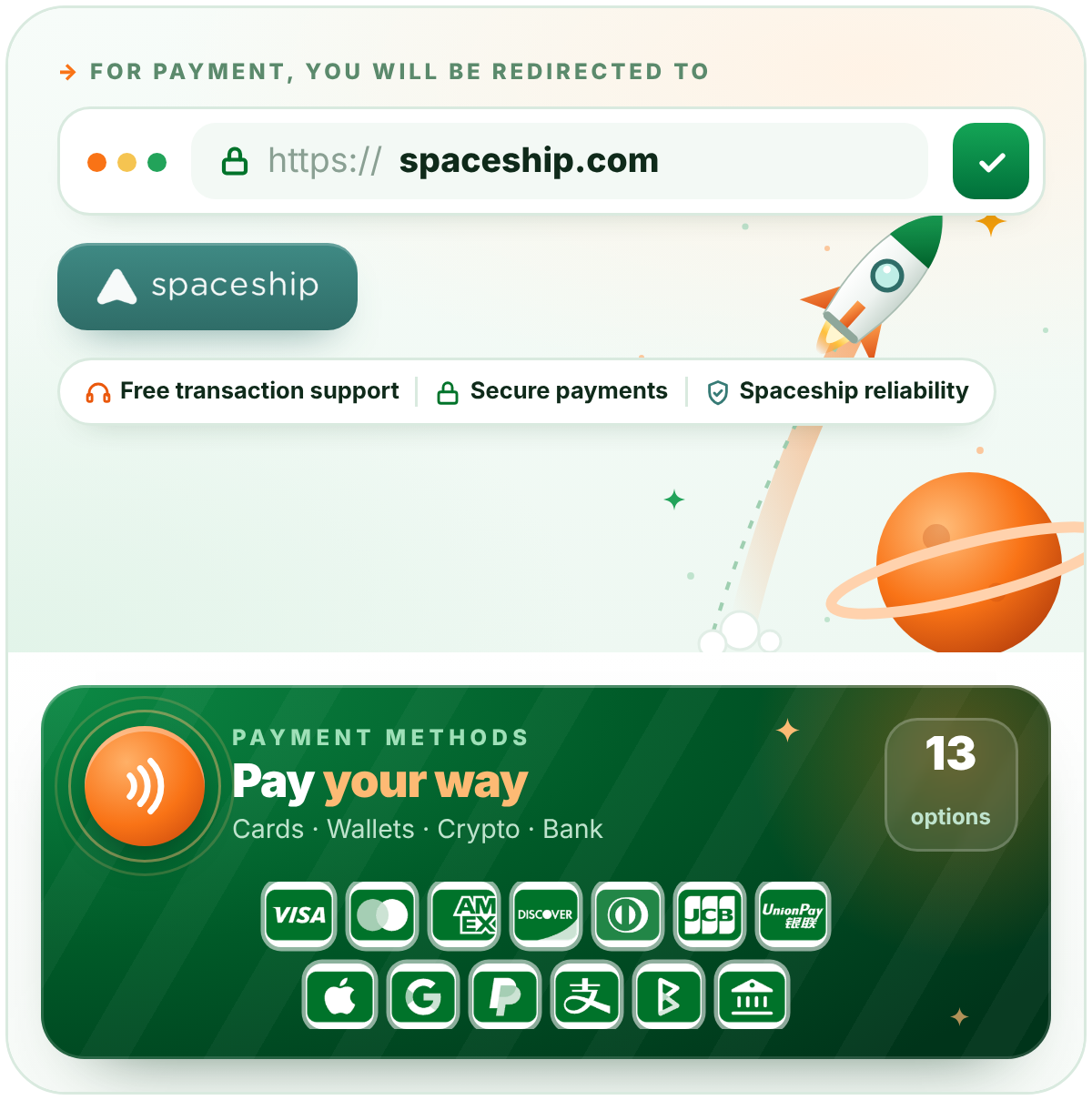 Pay by card, PayPal, crypto and more. Redirected to spaceship.com for secure checkout. Escrow protected, owner direct. Full ownership, 24h handover, personal transfer help, offers answered within 24h.