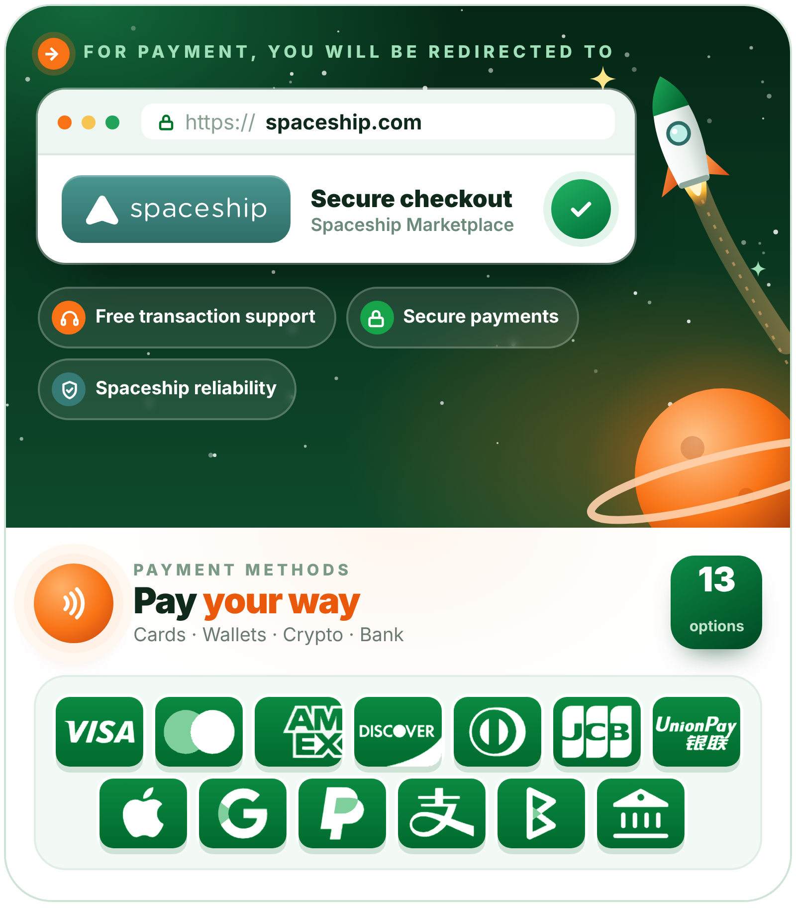 Pay by card, PayPal, crypto and more. Redirected to spaceship.com for secure checkout. Escrow protected, owner direct. Full ownership, 24h handover, personal transfer help, offers answered within 24h.